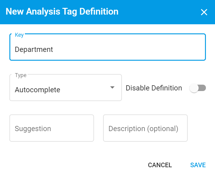 Create Analysis Tags modal, entering a key