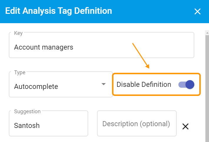Analysis tags edit modal with disable switched on