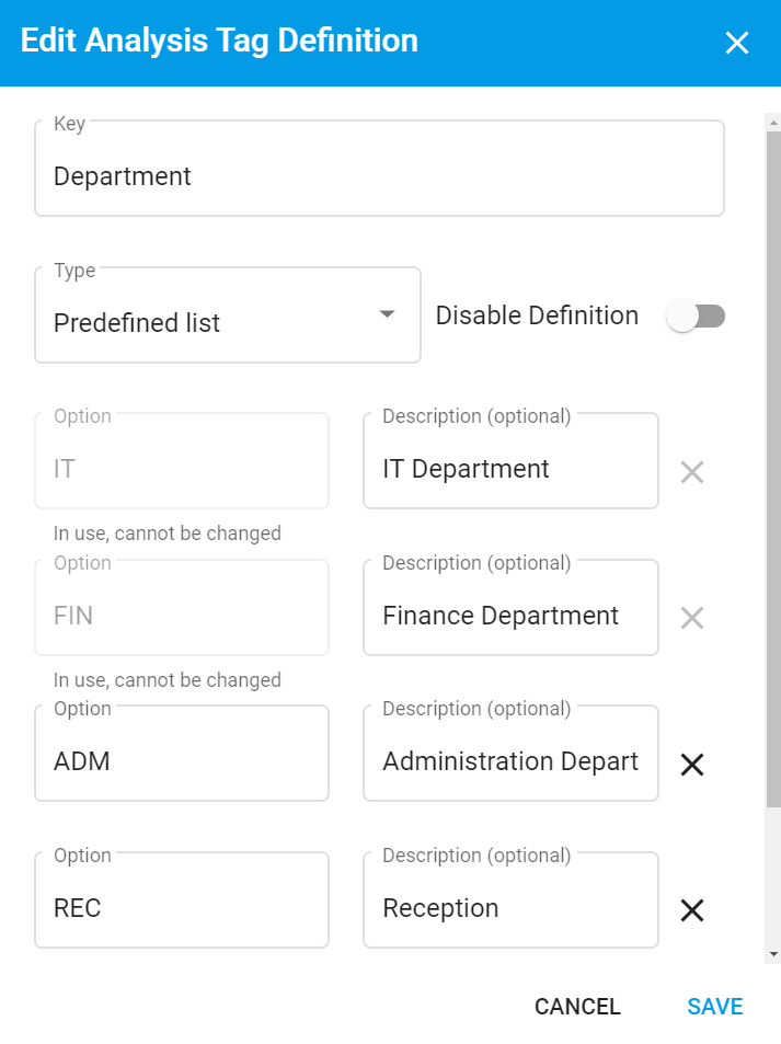 Analysis tags edit modal