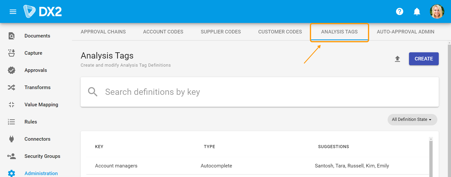 Analysis Tag tab in the Administration section