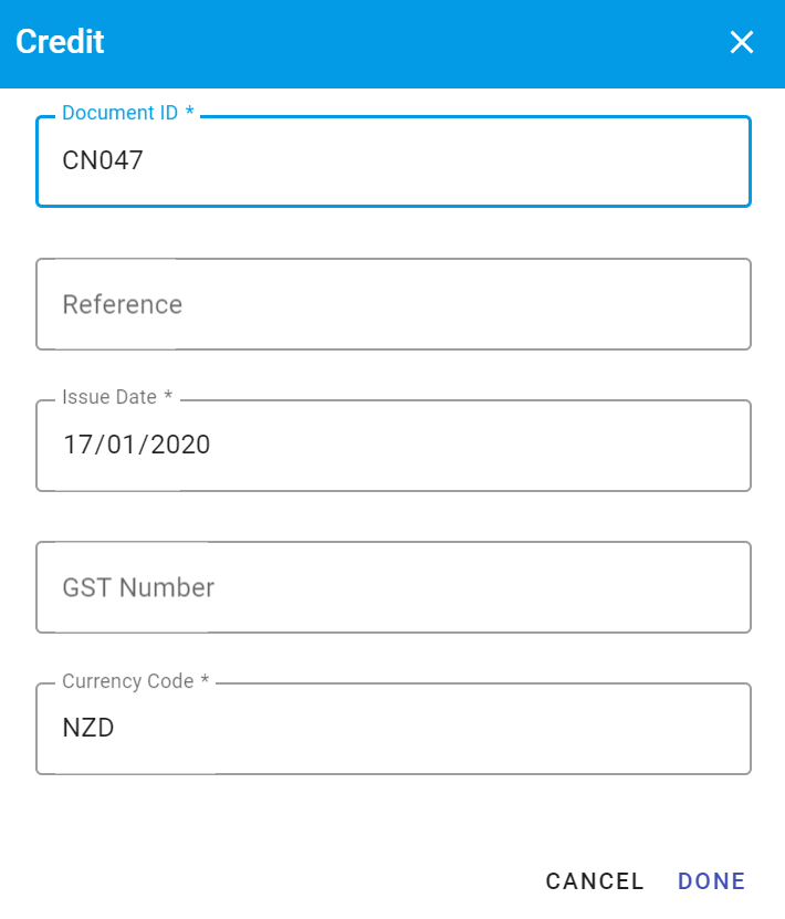 the 'Credit' modal