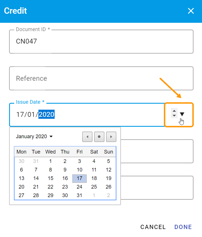 Date picker in the Credit modal