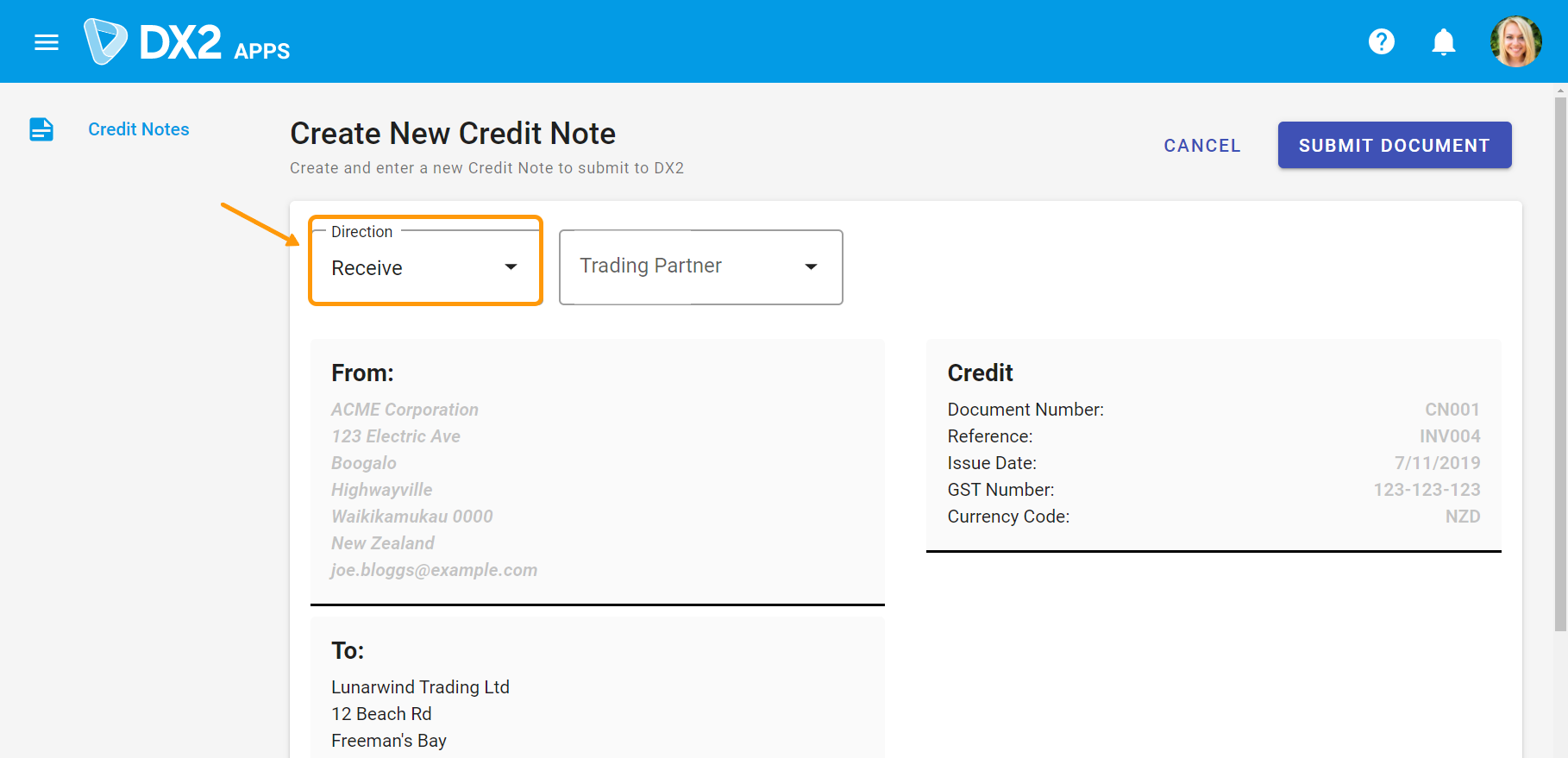 Shows the direction sending the Credit Note to in manual entry
