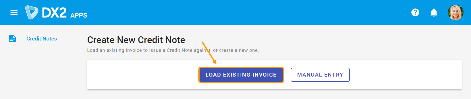Button for loading an existing invoice against a new credit note