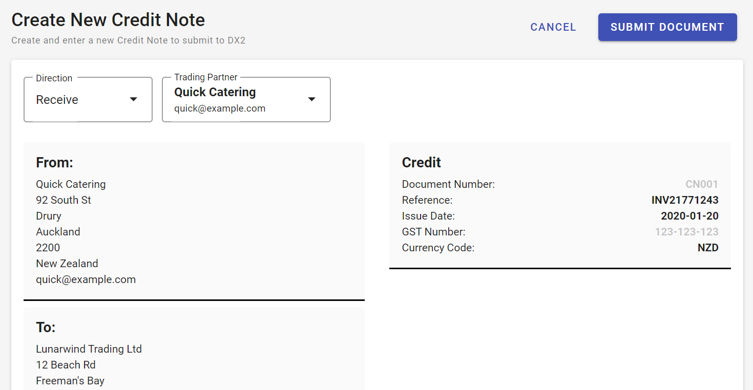 Page showing a  new credit note loaded from existing invoice