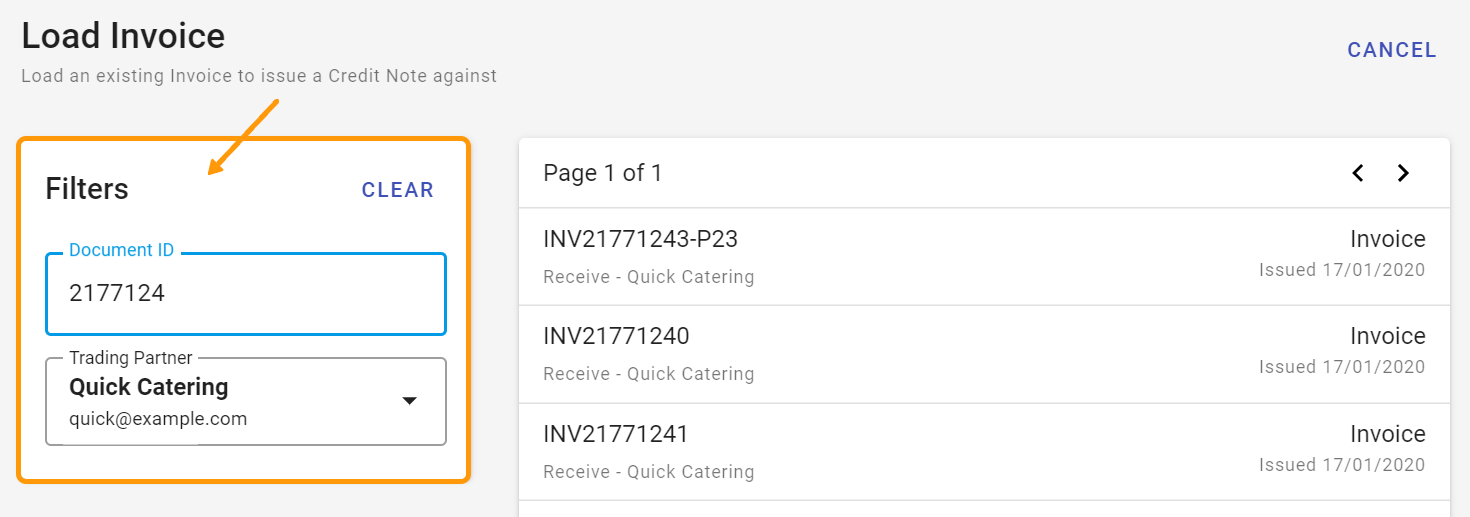 Filters on the Load Existing Invoice page 