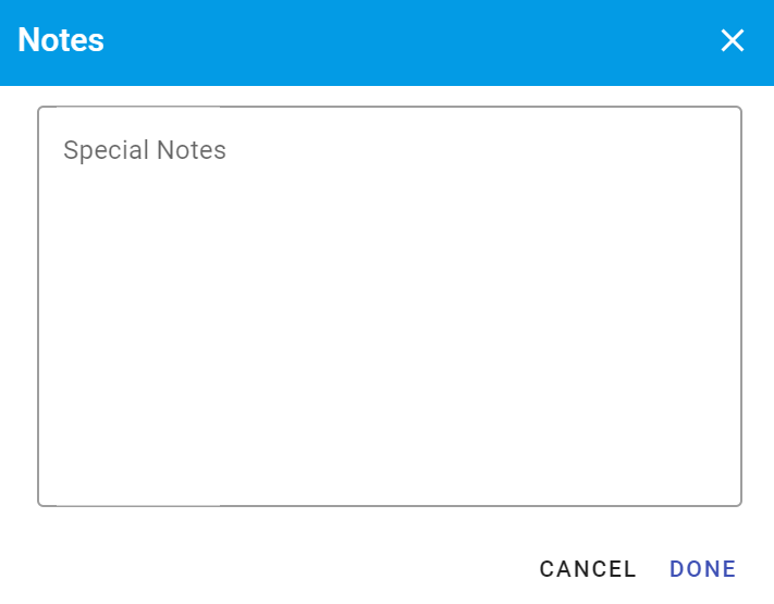 Modal to enter notes with the Credit Note