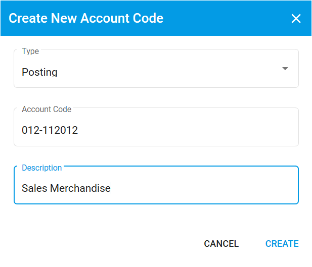 Create Account Code modal