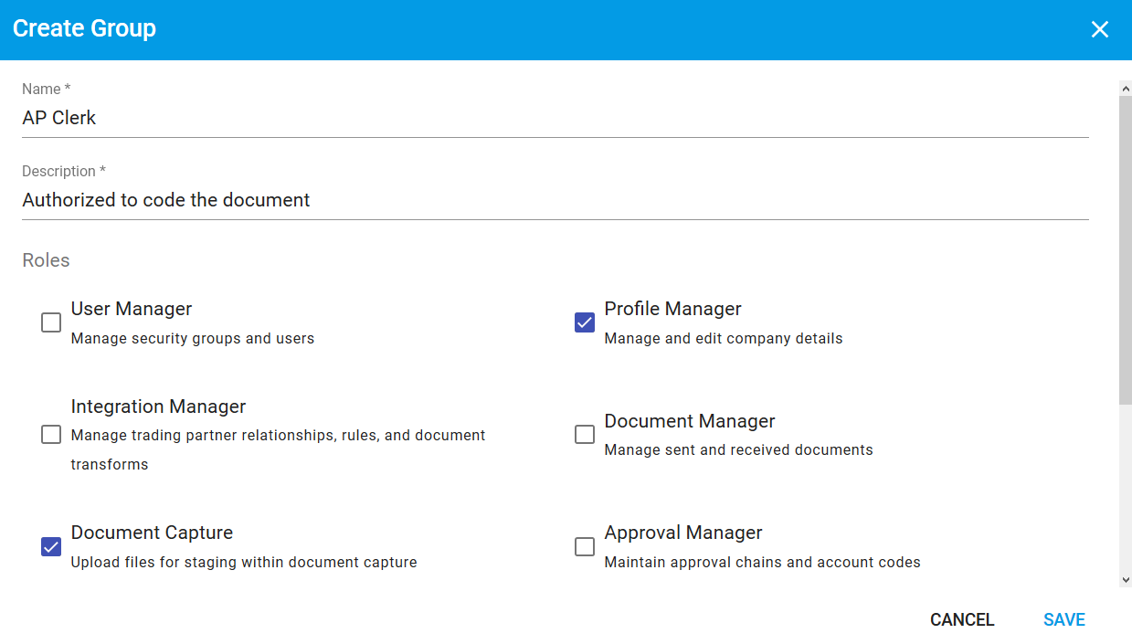 Editing Security Group roles and permissions.