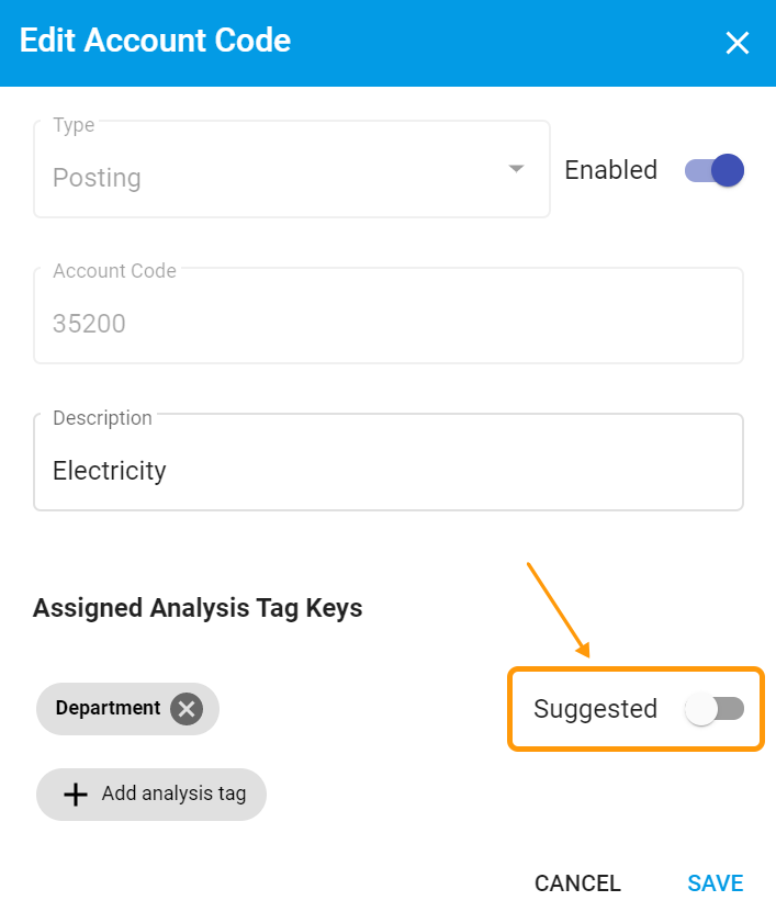 Edit modal for Account Codes with suggested Analysis Tag