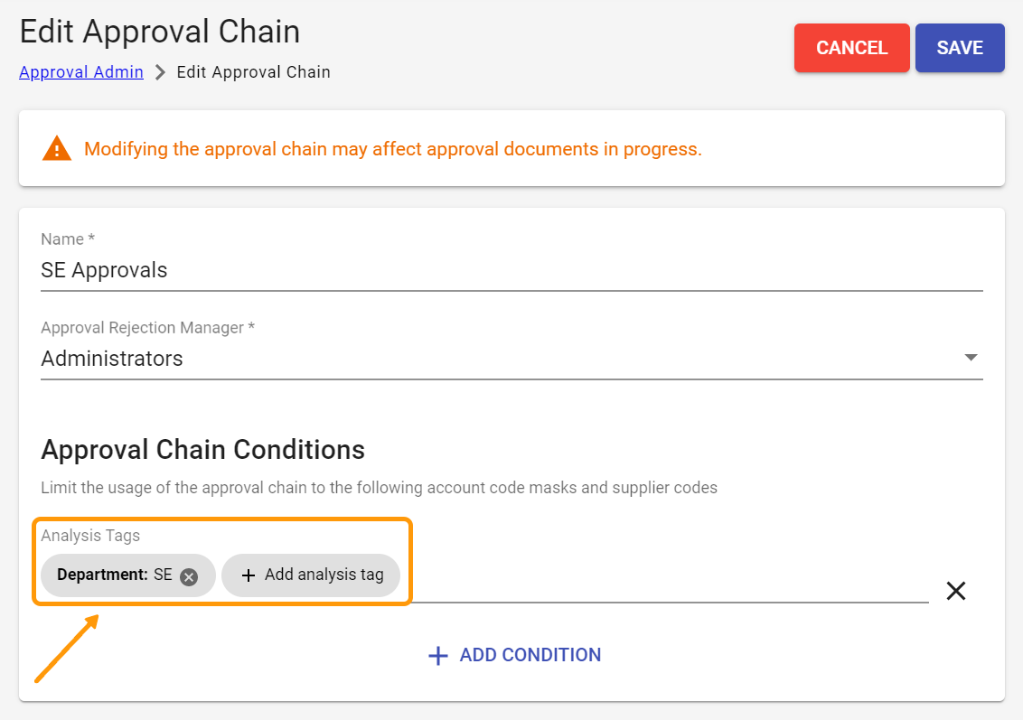 Adding an Analysis Tag condition to an Approval Chain 