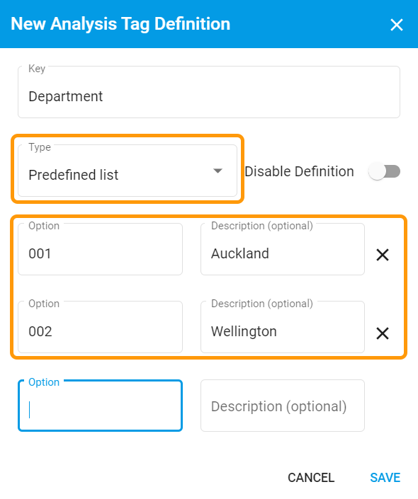 Modal to create a new Analysis Tag