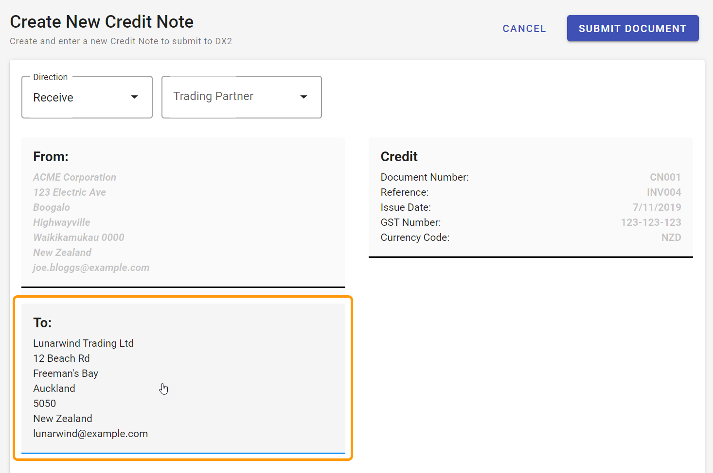 Pre filled 'to' field for credit note entry