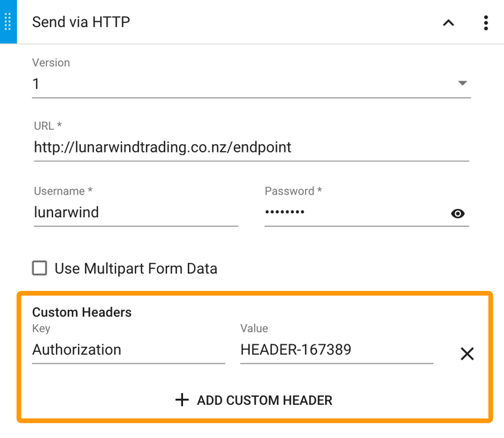 Custom headers available in Send via HTTP rule