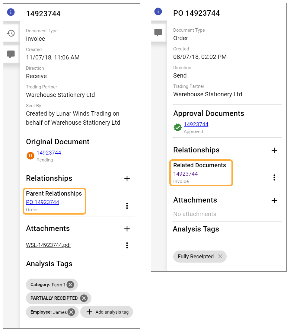 Two-way matching shown in document information panels