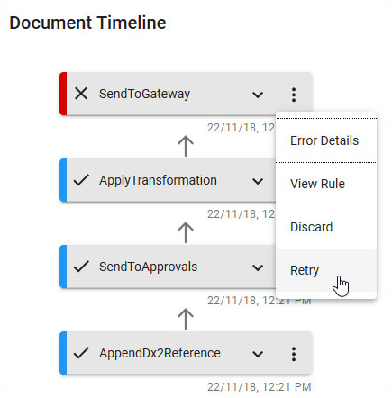 Document timeline with Retry option