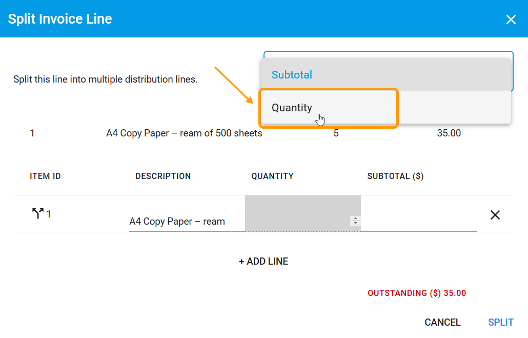 Split modal showing quantity dropdown