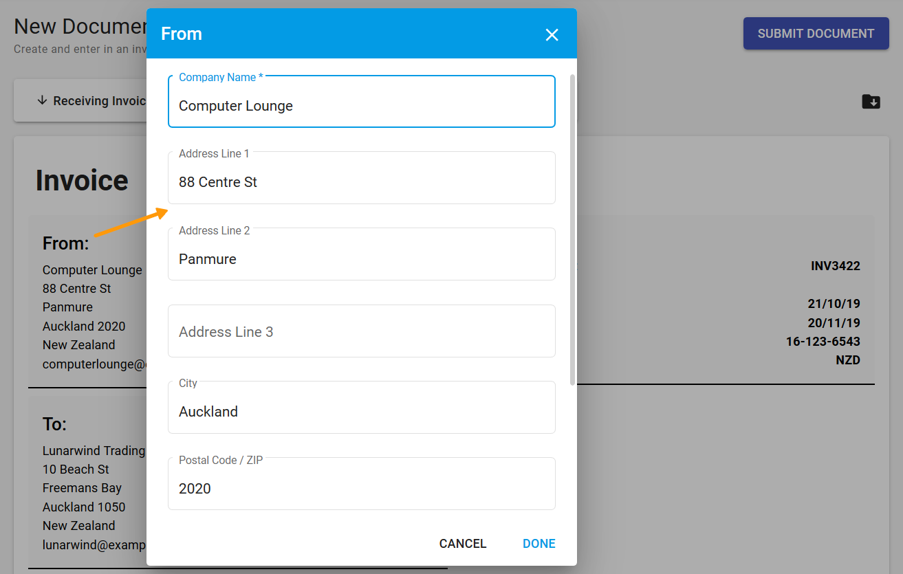 New document - modal for the From area with text fields