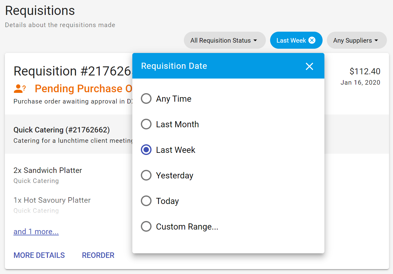 Requisition Filters showing Dates 